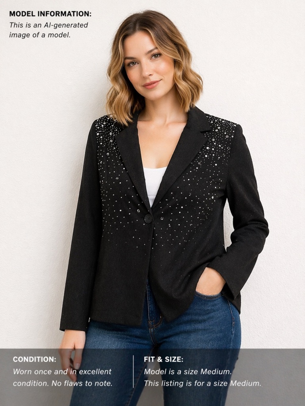 Hem & Thread Black Rhinestone Blazer Medium Sparkle Jacket - Picture 3 of 6